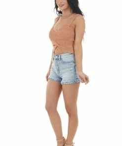 HYFVE Tops Salmon Sleeveless Knit Crop Top With Front Twist Detail