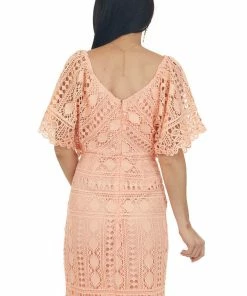 Hailey & Co Salmon V Neck Kimono Sleeve Short Lace Dress 16 Hailey & Co Salmon V Neck Kimono Sleeve Short Lace Dress