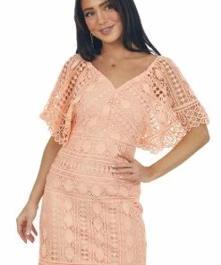 Hailey & Co Salmon V Neck Kimono Sleeve Short Lace Dress 12 Hailey & Co Salmon V Neck Kimono Sleeve Short Lace Dress