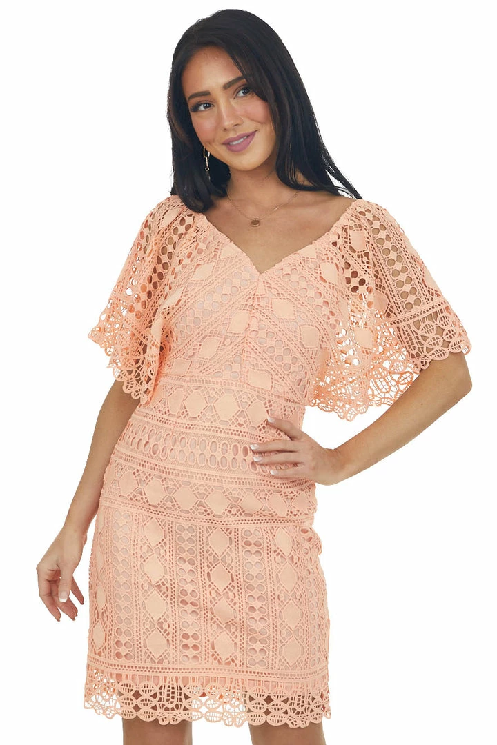 Hailey & Co Salmon V Neck Kimono Sleeve Short Lace Dress 5 Hailey & Co Salmon V Neck Kimono Sleeve Short Lace Dress