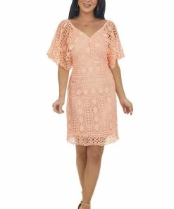 Hailey & Co Salmon V Neck Kimono Sleeve Short Lace Dress 14 Hailey & Co Salmon V Neck Kimono Sleeve Short Lace Dress