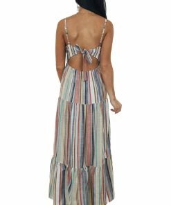 ANGIE Sand Striped Sleeveless Tie Back Maxi Dress Dresses