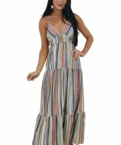 ANGIE Sand Striped Sleeveless Tie Back Maxi Dress Dresses