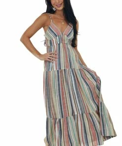 ANGIE Sand Striped Sleeveless Tie Back Maxi Dress Dresses