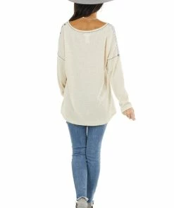 BiBi Tops Sand Waffle Knit Top With Sage Leopard Print Contrast