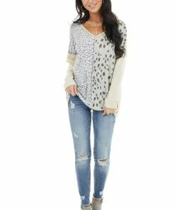 BiBi Tops Sand Waffle Knit Top With Sage Leopard Print Contrast