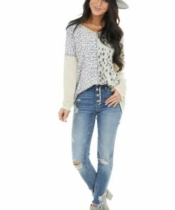 BiBi Tops Sand Waffle Knit Top With Sage Leopard Print Contrast