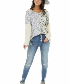 BiBi Tops Sand Waffle Knit Top With Sage Leopard Print Contrast