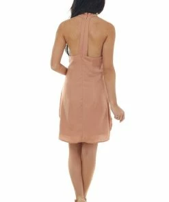 Main Strip Sandstone Halter Criss Cross Neck Satin Dress 21 Main Strip Sandstone Halter Criss Cross Neck Satin Dress