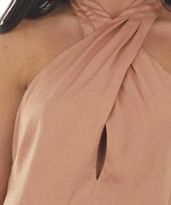 Main Strip Sandstone Halter Criss Cross Neck Satin Dress 22 Main Strip Sandstone Halter Criss Cross Neck Satin Dress