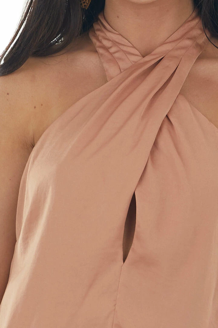 Main Strip Sandstone Halter Criss Cross Neck Satin Dress 9 Main Strip Sandstone Halter Criss Cross Neck Satin Dress