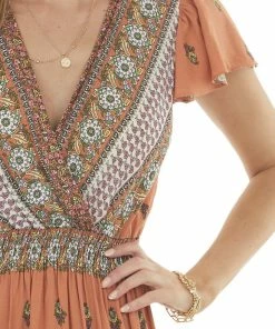 Ces Femme Sandstone Printed Surplice Woven Maxi Dress