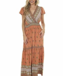 Ces Femme Sandstone Printed Surplice Woven Maxi Dress