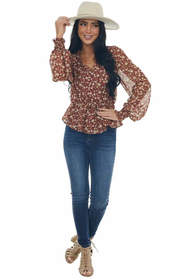 Blu Pepper Tops Sangria Floral Long Sleeve Button Front Blouse 7 Blu Pepper Tops Sangria Floral Long Sleeve Button Front Blouse