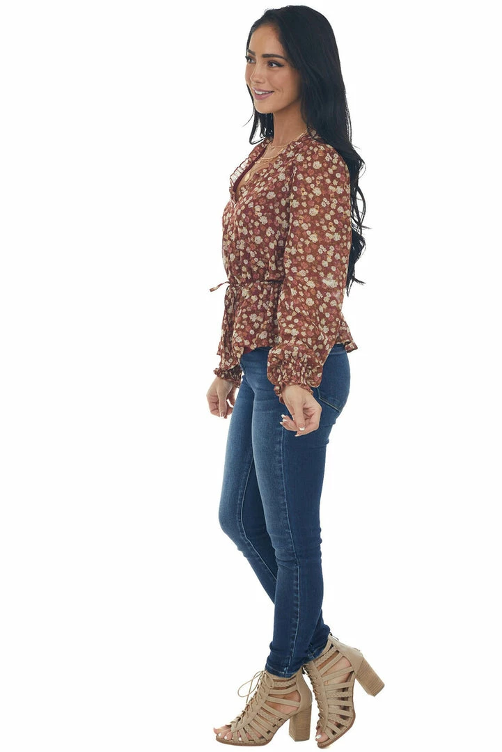 Blu Pepper Tops Sangria Floral Long Sleeve Button Front Blouse 8 Blu Pepper Tops Sangria Floral Long Sleeve Button Front Blouse