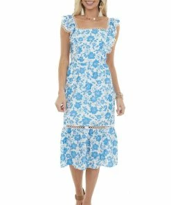 Sweet Lemon Sapphire Blue Floral Open Back Lace Midi Dress Dresses