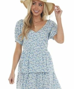 Sweet Lemon Sapphire Floral Print Surplice Tiered Dress Dresses