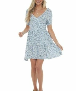 Sweet Lemon Sapphire Floral Print Surplice Tiered Dress Dresses