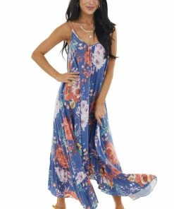 Ces Femme Sapphire Floral Sleeveless Maxi Dress With Rounded V Neck