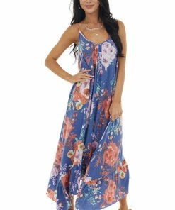 Ces Femme Sapphire Floral Sleeveless Maxi Dress With Rounded V Neck