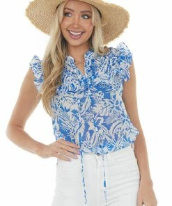 Umgee Sapphire Tropical Print Smocked Yoke Blouse