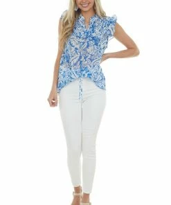 Umgee Sapphire Tropical Print Smocked Yoke Blouse