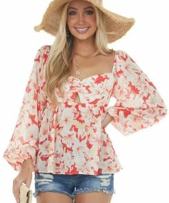 Flying Tomato Tops Scarlet And Cream Floral Long Puff Sleeve Top