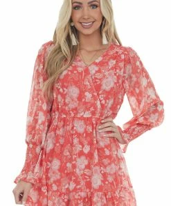 Peach Love Scarlet Floral Surplice Puff Sleeve Mini Dress Dresses