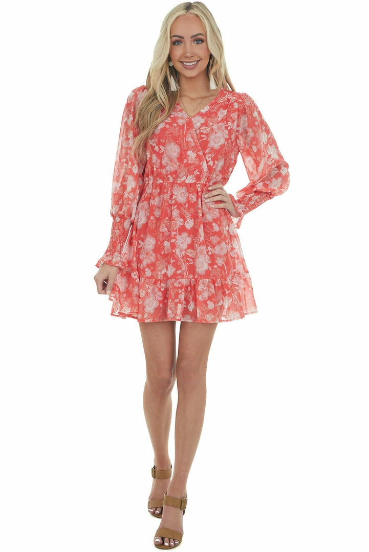 Peach Love Scarlet Floral Surplice Puff Sleeve Mini Dress Dresses 4 Peach Love Scarlet Floral Surplice Puff Sleeve Mini Dress Dresses