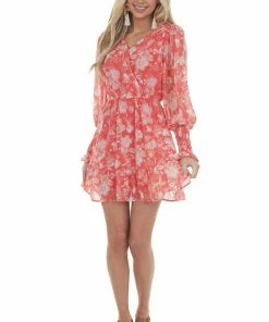 Peach Love Scarlet Floral Surplice Puff Sleeve Mini Dress Dresses 19 Peach Love Scarlet Floral Surplice Puff Sleeve Mini Dress Dresses