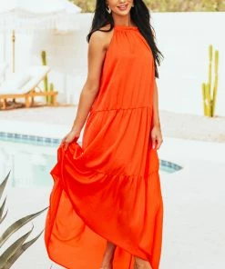 Aakaa Scarlet Halter Neck Backless Tiered Maxi Dress