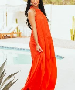 Aakaa Scarlet Halter Neck Backless Tiered Maxi Dress