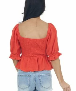 Ces Femme Scarlet Red Half Sleeve Elastic Peasant Blouse Tops
