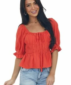 Ces Femme Scarlet Red Half Sleeve Elastic Peasant Blouse Tops