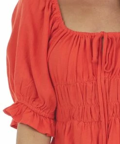 Ces Femme Scarlet Red Half Sleeve Elastic Peasant Blouse Tops