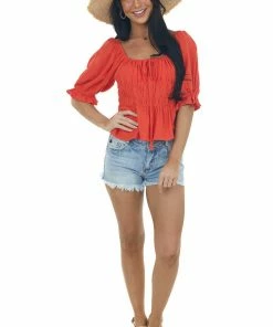 Ces Femme Scarlet Red Half Sleeve Elastic Peasant Blouse Tops