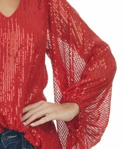 Vine & Love Tops Scarlet Sequin Long Bubble Sleeve Blouse