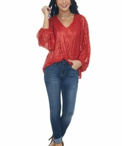 Vine & Love Tops Scarlet Sequin Long Bubble Sleeve Blouse