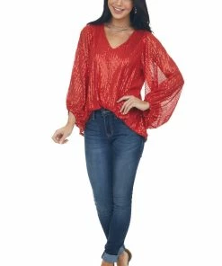 Vine & Love Tops Scarlet Sequin Long Bubble Sleeve Blouse