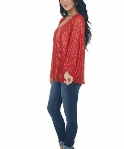 Vine & Love Tops Scarlet Sequin Long Bubble Sleeve Blouse