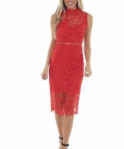 Main Strip Dresses Scarlet Sleeveless Crochet Lace Midi Dress
