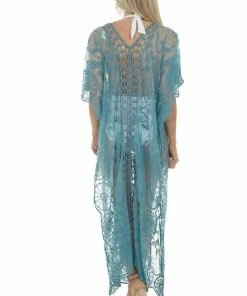 143 Story Sea Blue Crochet Detail Side Slit Mesh Cover Up Accessories