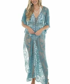 143 Story Sea Blue Crochet Detail Side Slit Mesh Cover Up Accessories