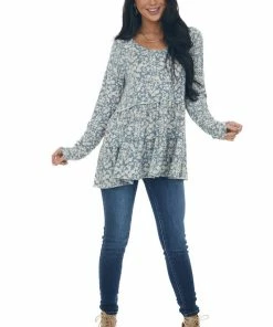 143 Story Sea Blue Floral Tiered Super Soft Knit Top