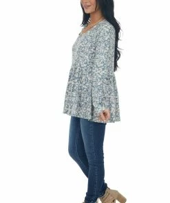 143 Story Sea Blue Floral Tiered Super Soft Knit Top