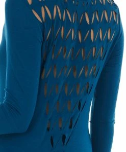Blumin Apparel Sea Blue Laser Cut Out Back Long Sleeve Top Tops