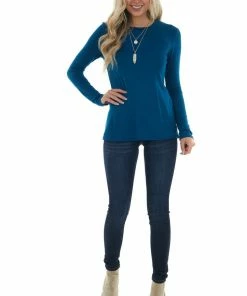 Blumin Apparel Sea Blue Laser Cut Out Back Long Sleeve Top Tops