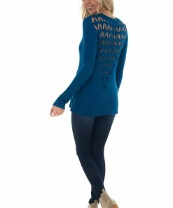 Blumin Apparel Sea Blue Laser Cut Out Back Long Sleeve Top Tops