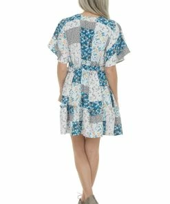 Umgee Sea Blue Patchwork Floral Babydoll Short Dress Dresses