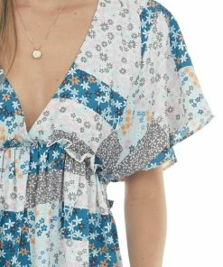 Umgee Sea Blue Patchwork Floral Babydoll Short Dress Dresses